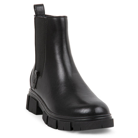 A black smooth leather ankle boot with a side zipper and a chunky natural rubber sole. Womens waterproof luxury boot. Penny by Blondo.