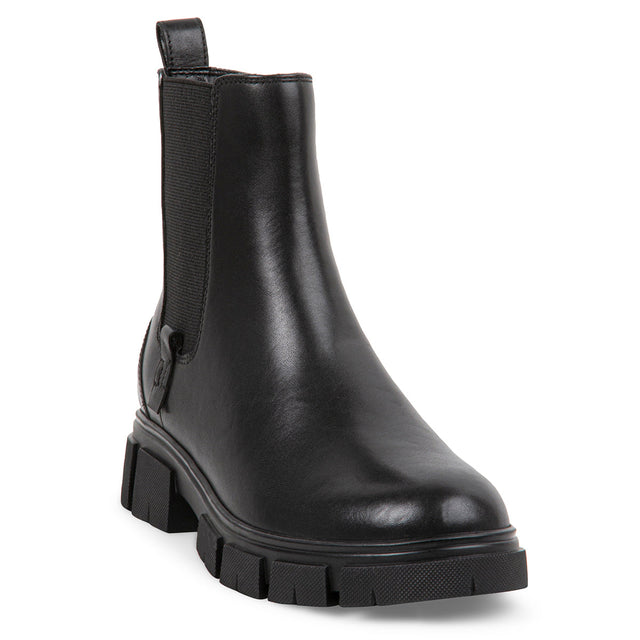 A black smooth leather ankle boot with a side zipper and a chunky natural rubber sole. Womens waterproof luxury boot. Penny by Blondo.