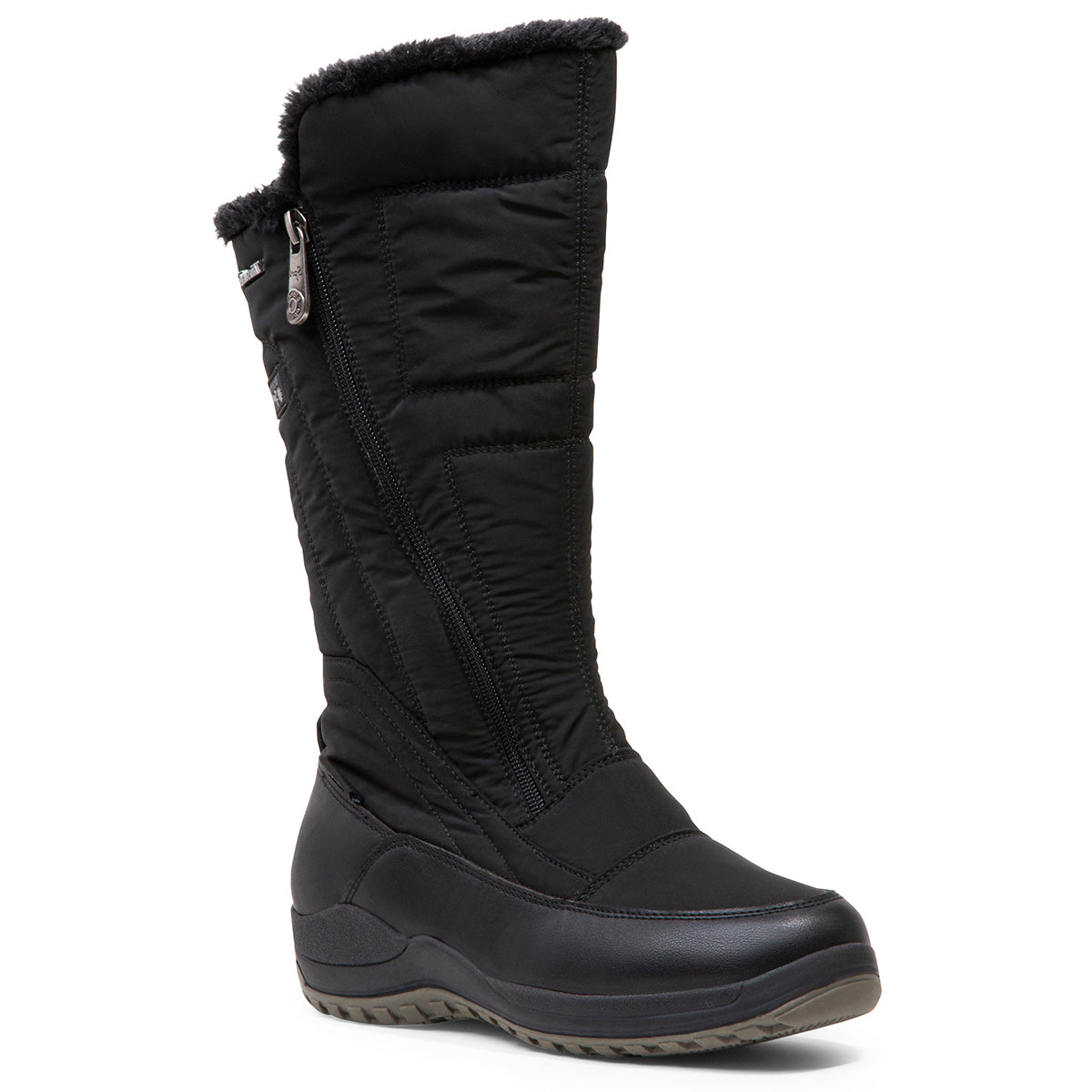 A black, waterproof winter boot in Extra Wide featuring inside and outside zippers. Blondo Purdy Winter boot for Women. 