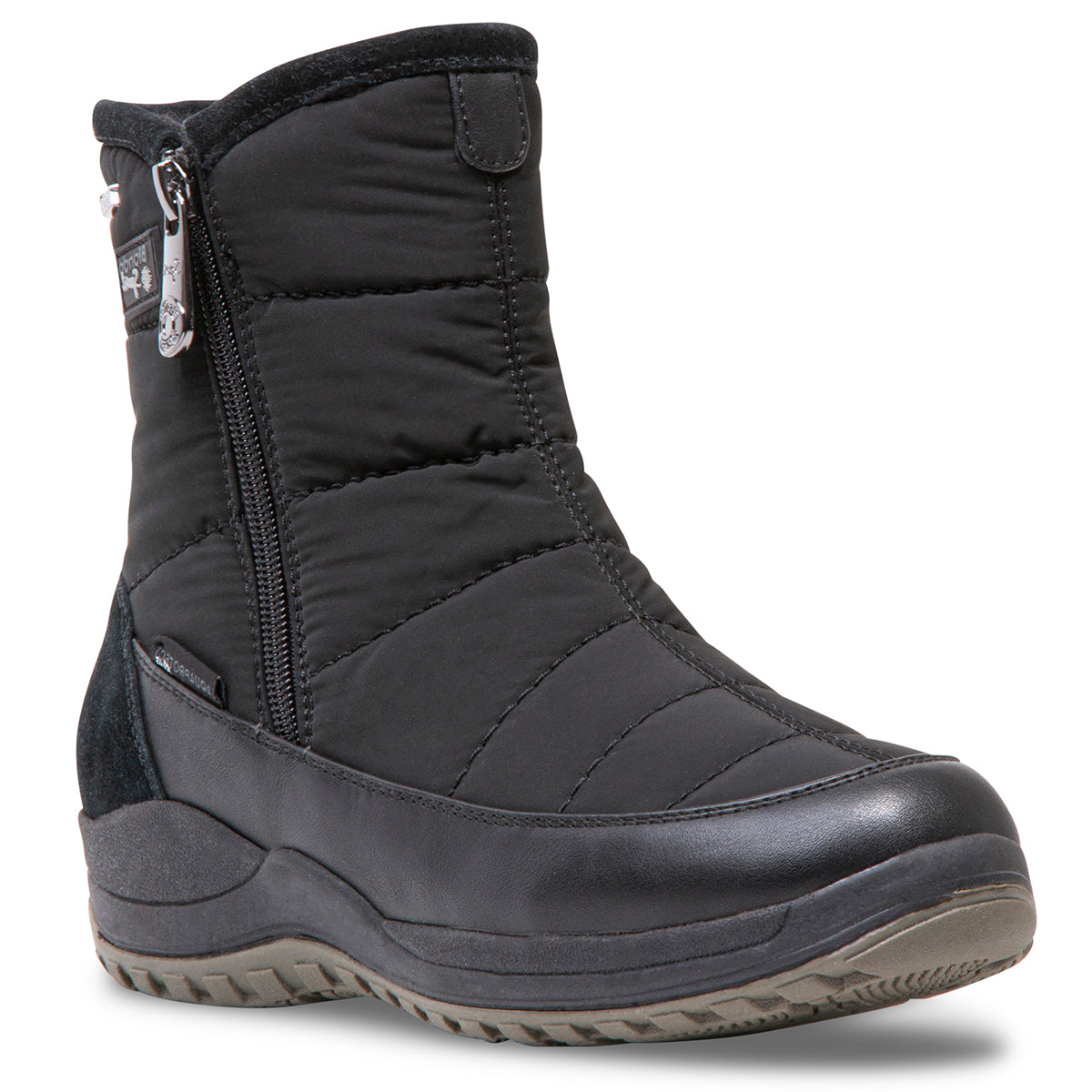 A black waterproof winter boot with a 1.5” heel, 7” shaft, and 13” shaft circumference. Blondo Pyper Boot for women in wide and extra wide. 