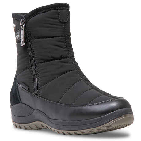 A black waterproof winter boot with a 1.5” heel, 7” shaft, and 13” shaft circumference. Blondo Pyper Boot for women in wide and extra wide. 