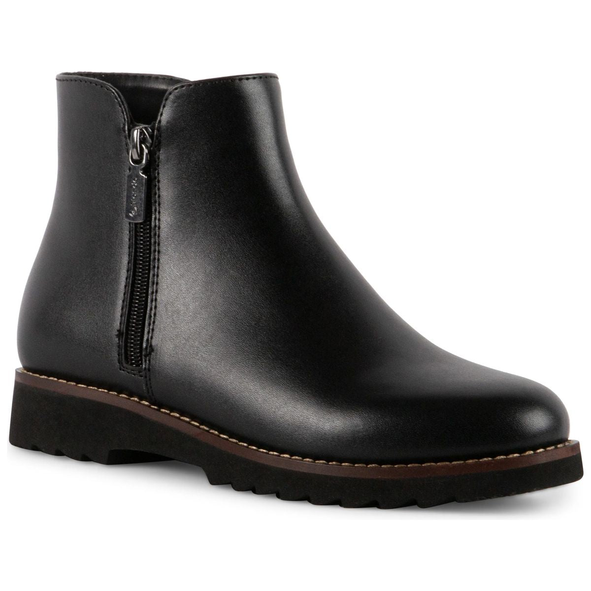 Black leather side-zip ankle boot with low stacked heel and lug sole. Blondo Style #B7905