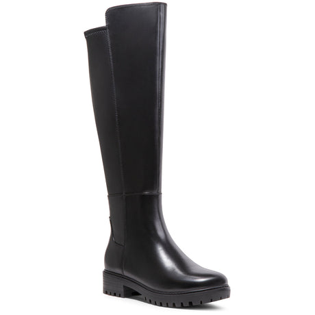 A black tall boot with a 1.5-inch heel, back zipper, and synthetic stretch back panels. Womens Waterproof boot by Blondo - Samira. 