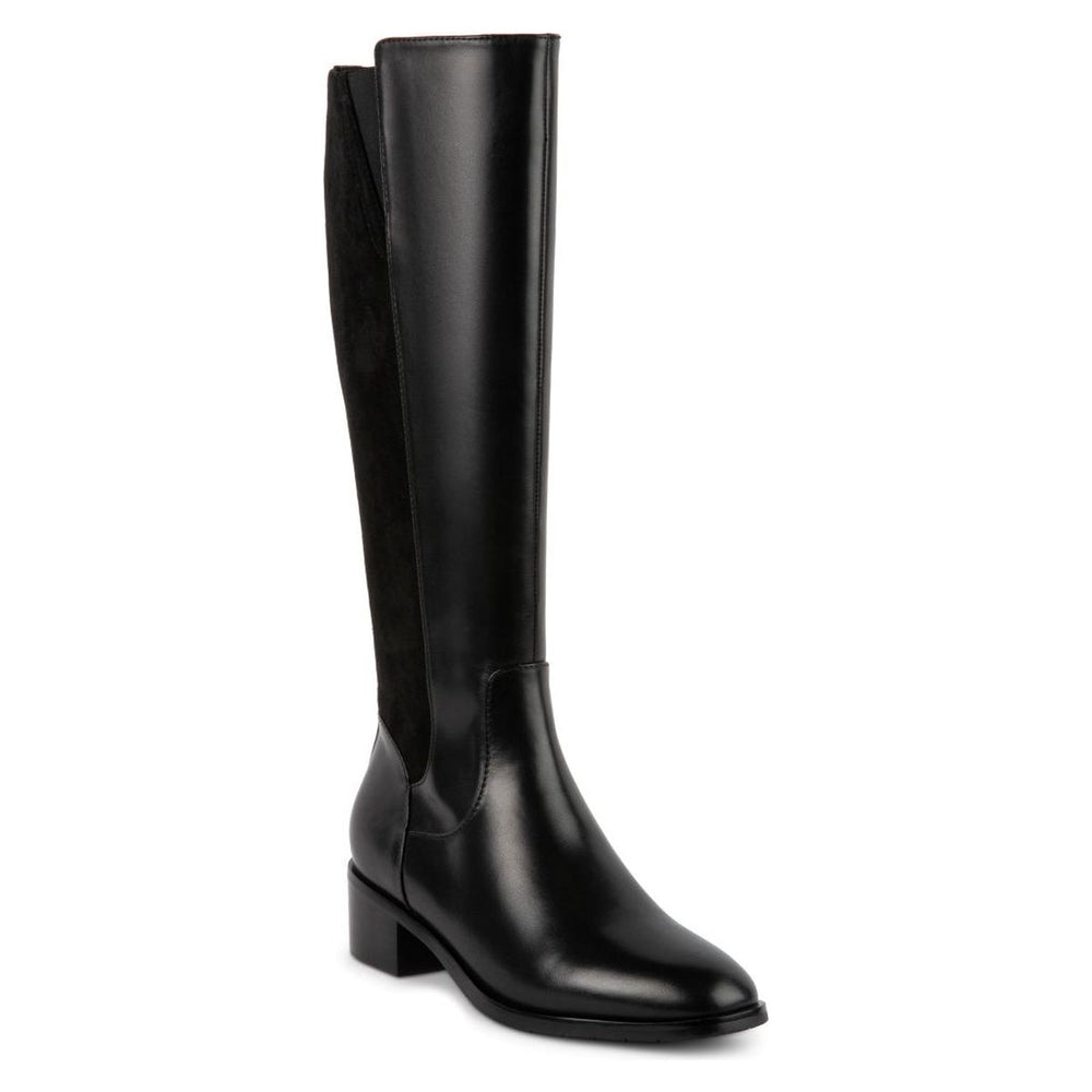 Blondo smooth black leather knee-high boot with stretch back panel, almond toe, and low block heel. Style #B7759
