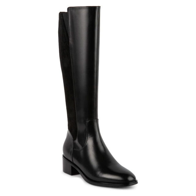 Blondo smooth black leather knee-high boot with stretch back panel, almond toe, and low block heel. Style #B7759