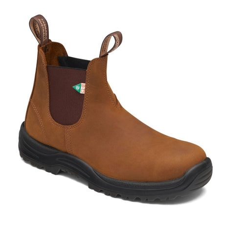 Blundstone 164 Work & Safety Unisex Boot in Saddle Brown, featuring CSA Grade 1 steel toe, puncture-resistant midsoles, XRD heel cushioning, heat-formed heel, removable footbed with extra set, leather-lined interior, and heat-, slip-, oil-, acid-, and electric shock-resistant TPU outsole. Style #164 