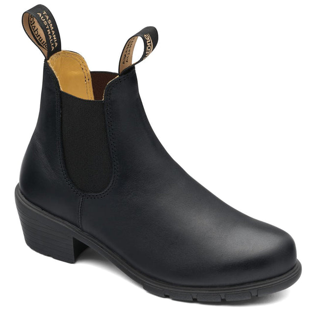 Blundstone 1671 Women’s Heel Boot in Black, featuring 2-inch heel, premium leather-lined interior, removable XRD™ footbed with extra insoles, and lightweight polyurethane sole with traction. Style #1671