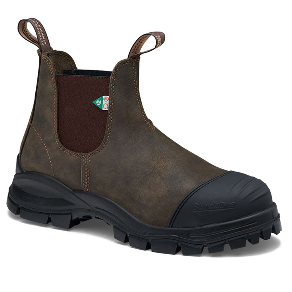Blundstone 962 XFR Safety Series Unisex Brown Boot featuring premium weatherproof leather upper, elastic sides, CSA Grade 1 protective toe, molded TPU toe guard, metal-free puncture-resistant sole, removable XRD® footbed, nylon shank, and slip- and heat-resistant rubber outsole. Style #962