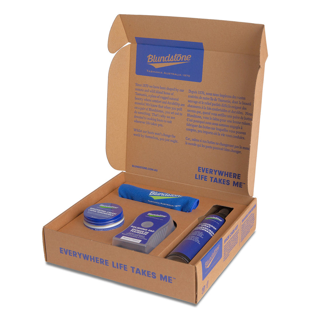 Blundstone Boot Care Kit including leather cleaner, conditioner, and applicator for maintaining smooth leather boots’ appearance and durability. Style #SHOECARE