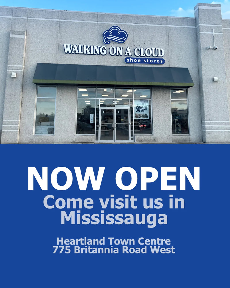 Storefront with 'Walking on a Cloud' sign and promotional text for a new location in Mississauga.