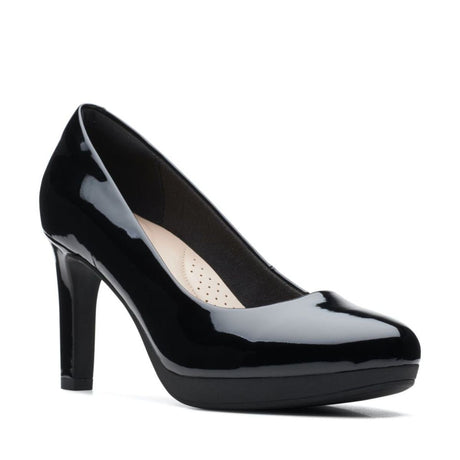 Clarks Ambyr Joy in black pate, women's comfortable breathable heels/pumps. Style #26157764