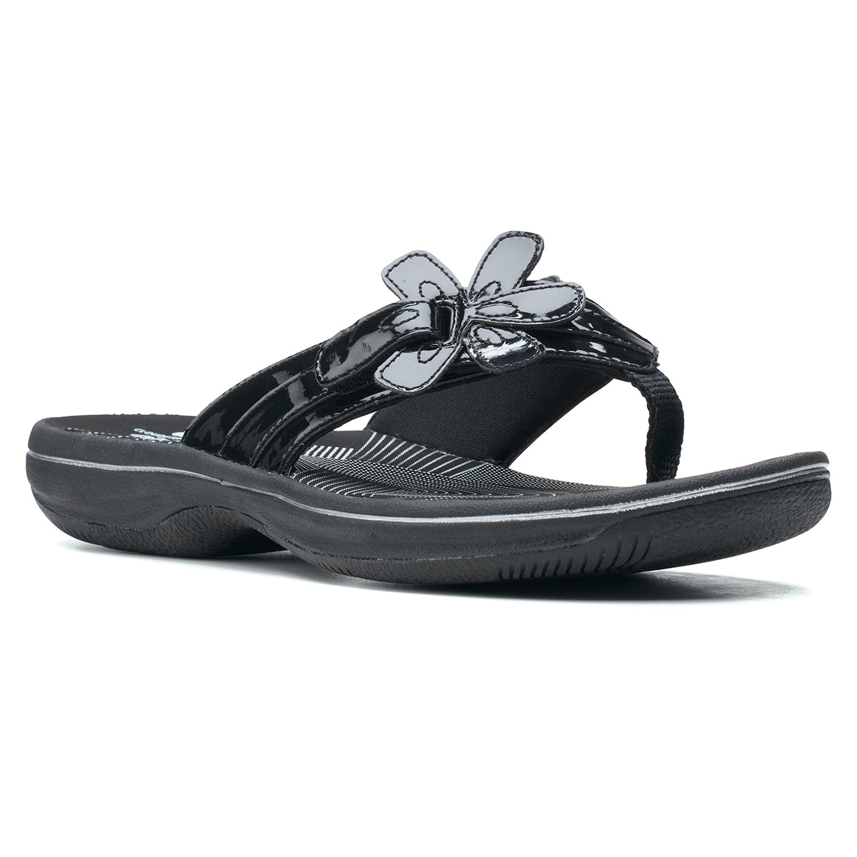 Clarks Brinkley Flora women’s thong sandal in black patent with floral strap detail. Style #26159852