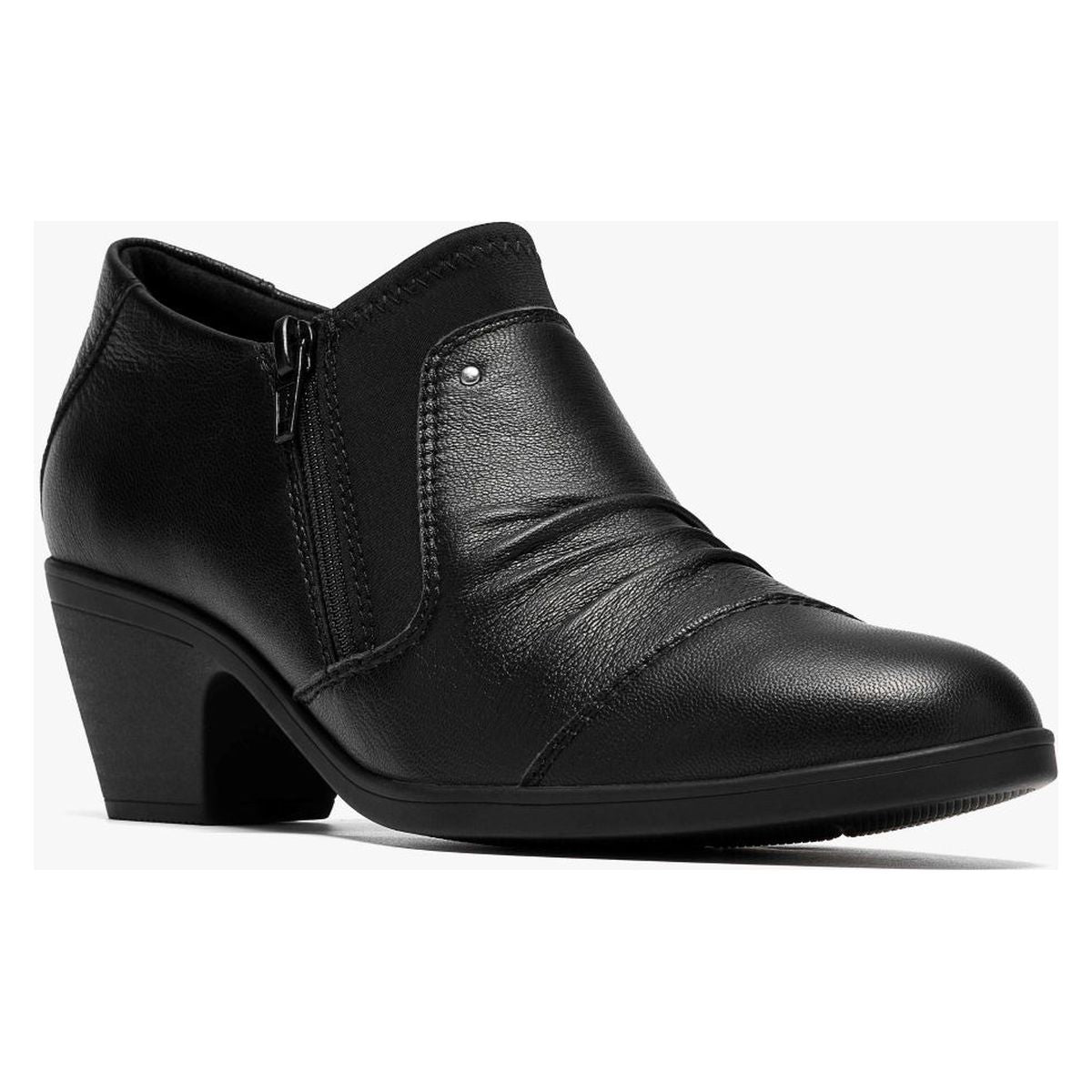 Women's black leather bootie with ruched vamp, side zipper, elastic goring, and sturdy block heel. Style #26320231
