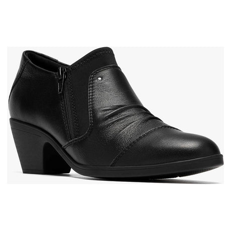 Women's black leather bootie with ruched vamp, side zipper, elastic goring, and sturdy block heel. Style #26320231