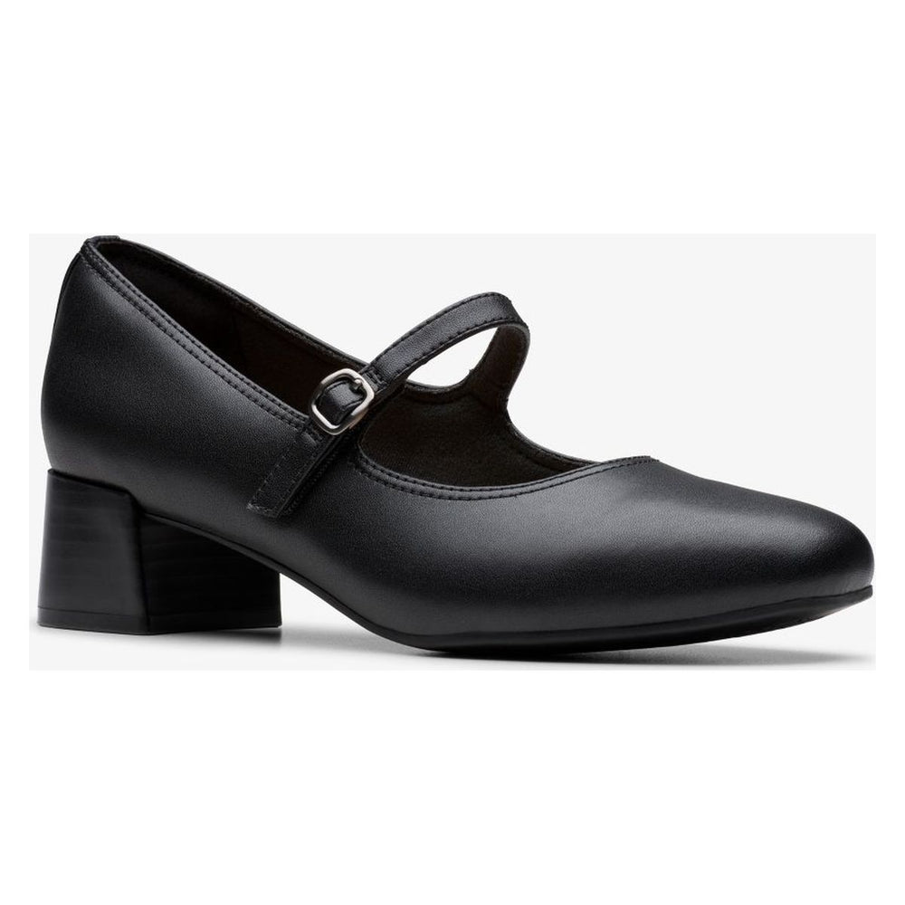 Black leather Mary Jane dress shoe featuring an adjustable buckle strap and a sturdy mid block heel. Style #26184376