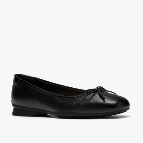 Black textured leather ballet flat with delicate bow detail, flexible sole, and low mini heel. Style #26328312