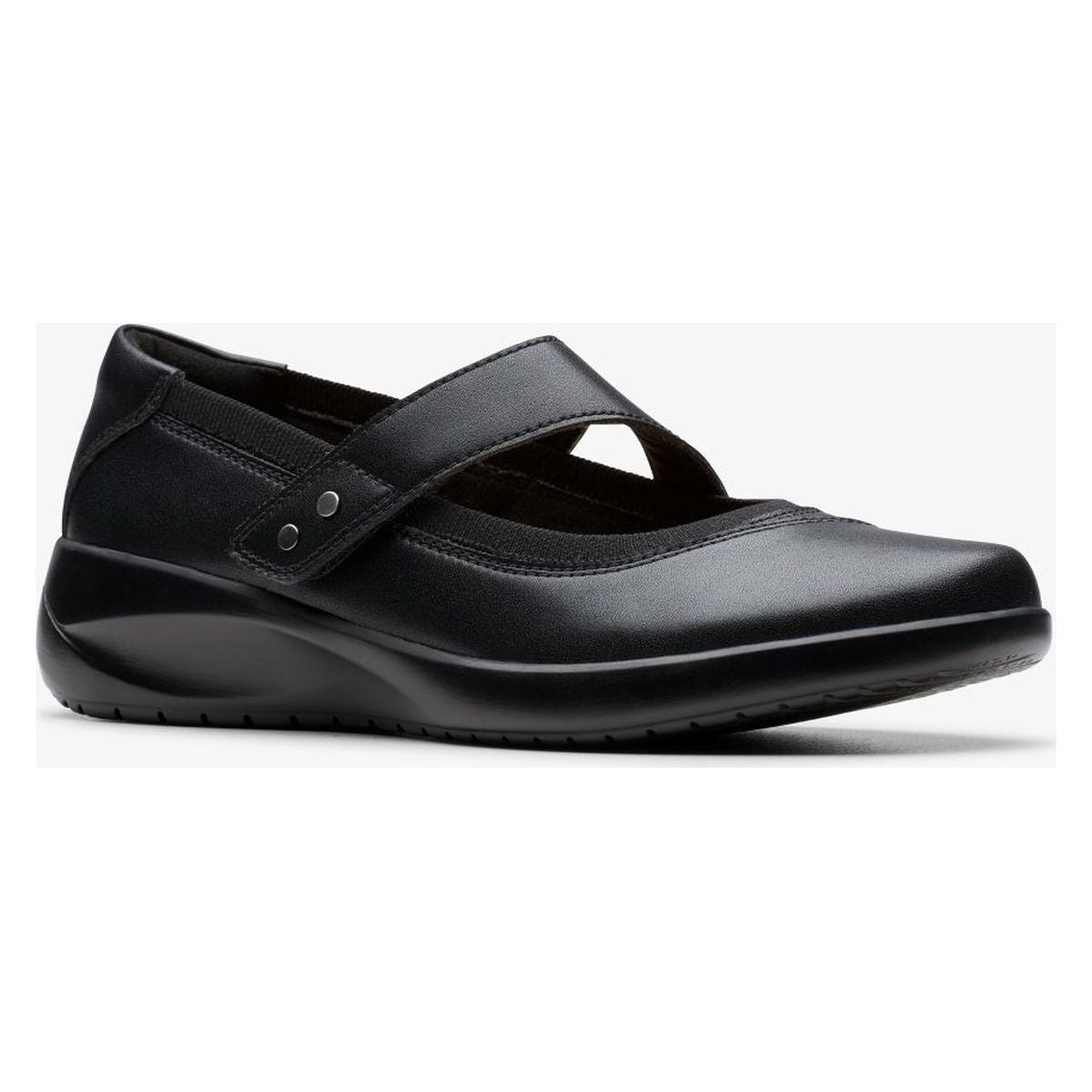 Women's black leather wide-width Mary Jane shoe with elastic upper trim and single adjustable strap. Style #26184135