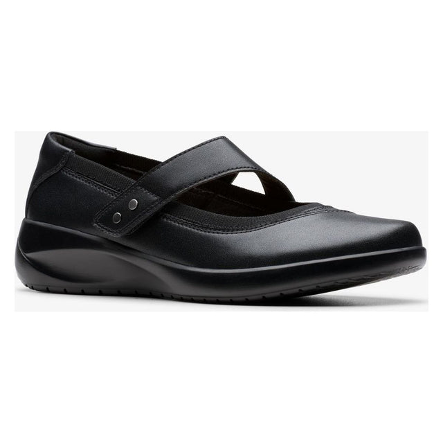 Women's black leather wide-width Mary Jane shoe with elastic upper trim and single adjustable strap. Style #26184135