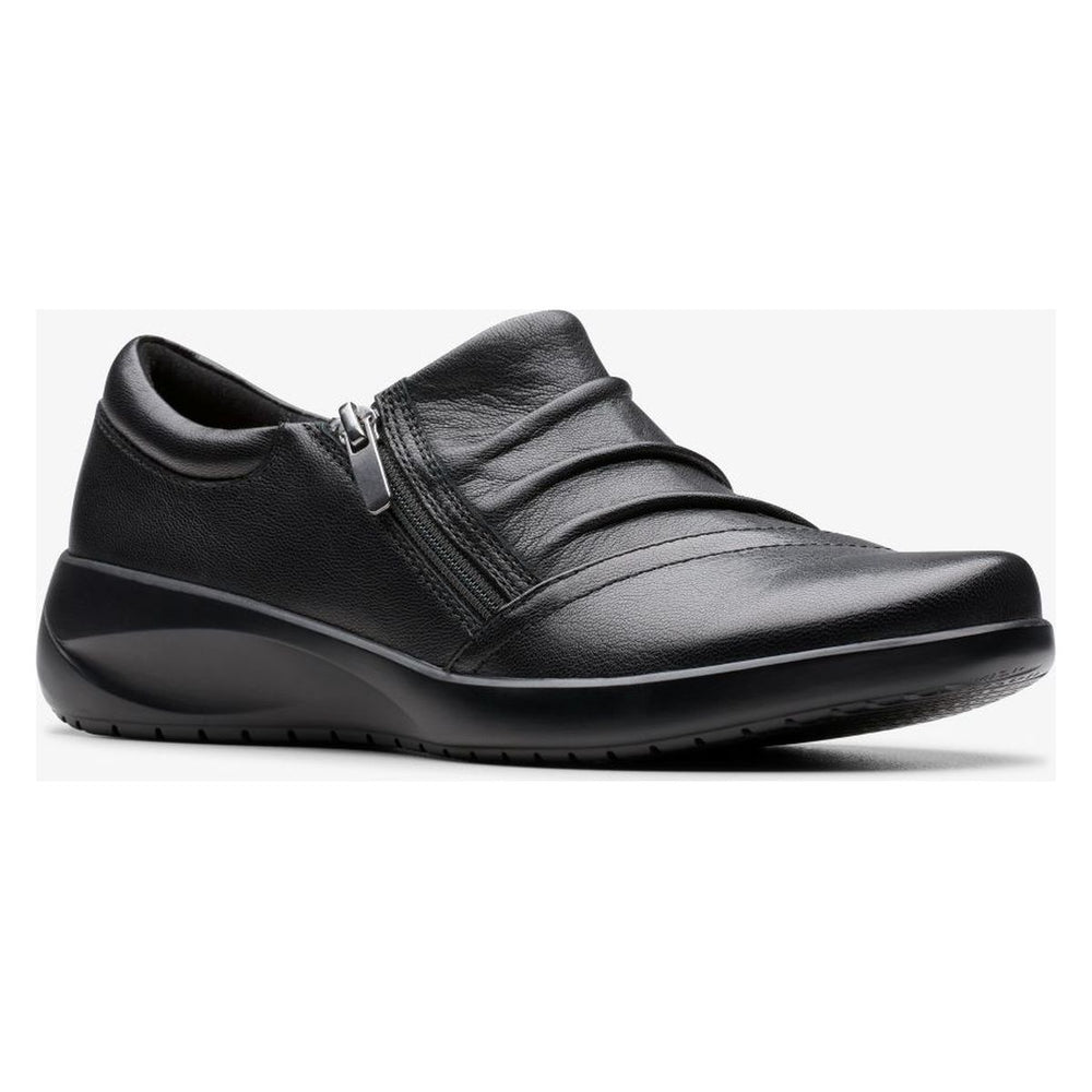 Black leather casual shoe with ruched vamp detailing, side zipper closure, and contoured wedge sole. Style #26184137