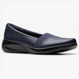 Clarks navy slip-on loafer shoe featuring a stretchy elastic instep band and a low black wedge sole. Style #26184323