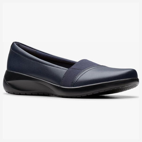 Clarks navy slip-on loafer shoe featuring a stretchy elastic instep band and a low black wedge sole. Style #26184323