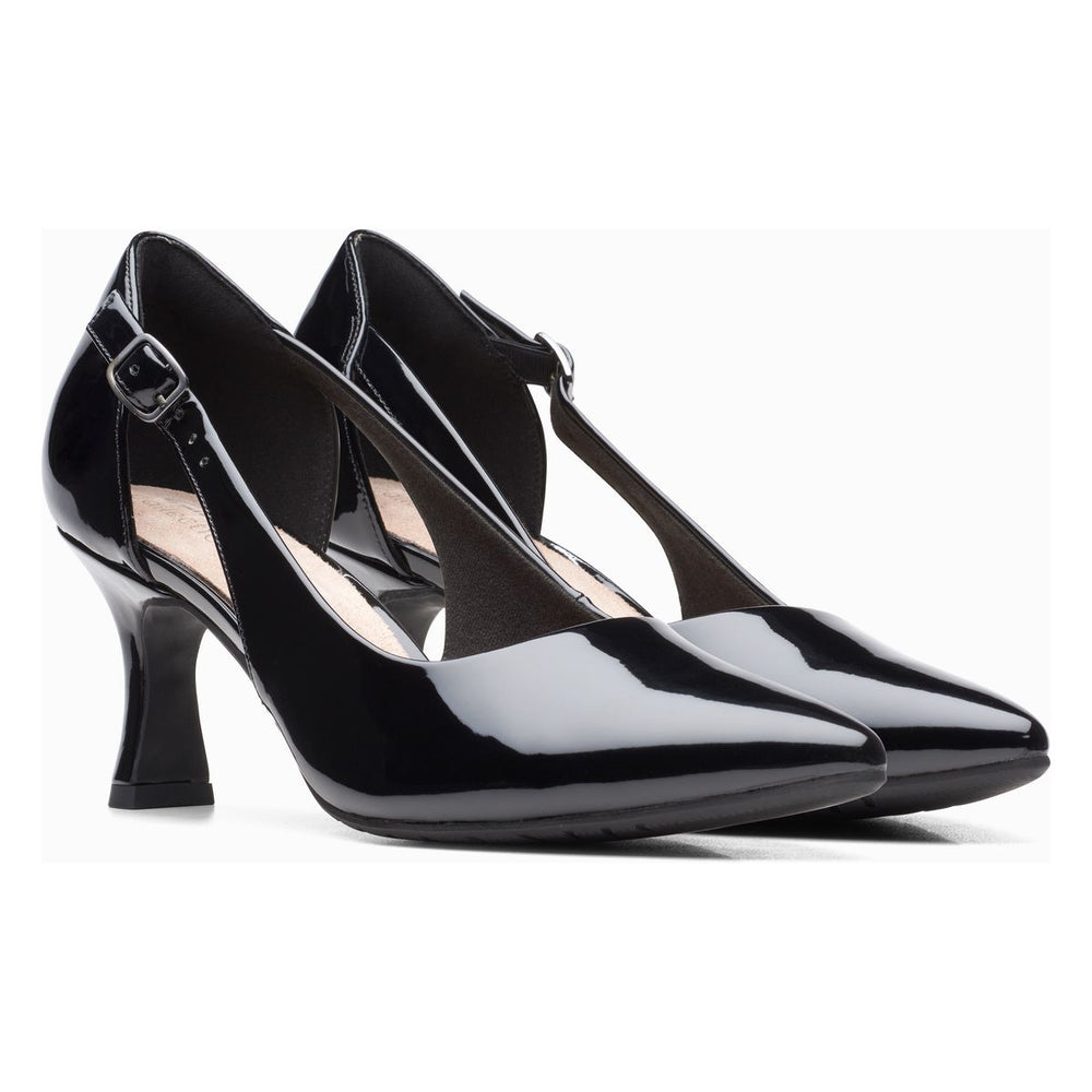 Clarks Kataleyna Rae Women's Dress Heel in Black. Sleek black strappy heels, buckle closure Style #26171228