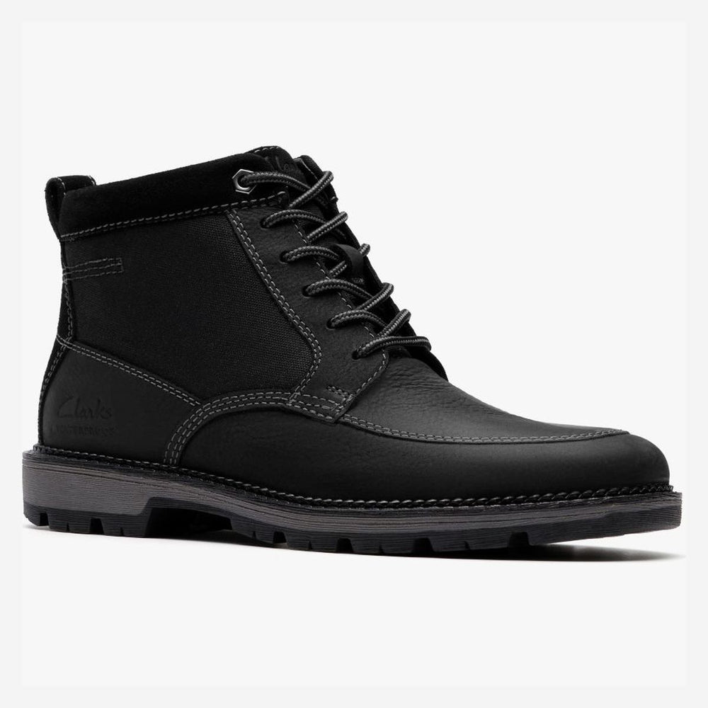 Clarks black leather waterproof lace-up ankle boot with contrast stitching, rear pull tab, and lugged sole. Style #26184464