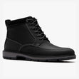 Clarks black leather waterproof lace-up ankle boot with contrast stitching, rear pull tab, and lugged sole. Style #26184464
