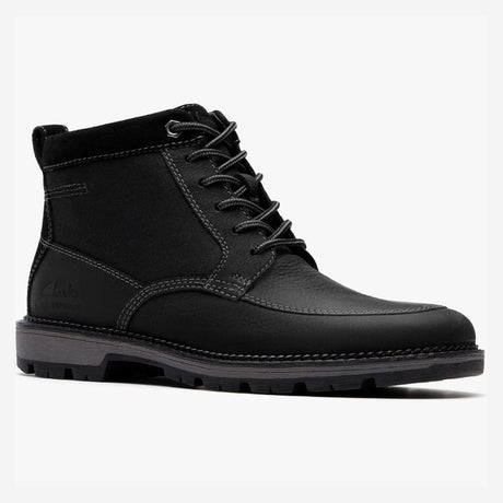 Clarks black leather waterproof lace-up ankle boot with contrast stitching, rear pull tab, and lugged sole. Style #26184464