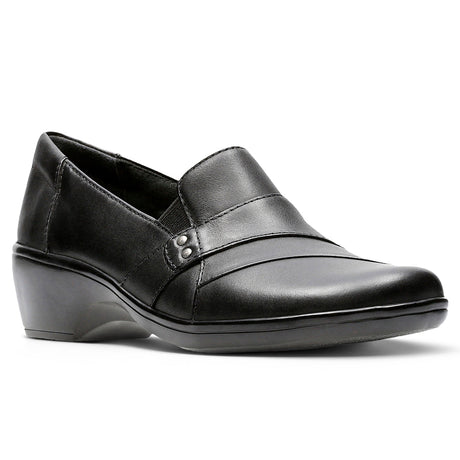 Clarks May Marigold women's leather shoe in black, featuring a slip-on design, cushioned insole, and sleek leather upper. Style #26062909