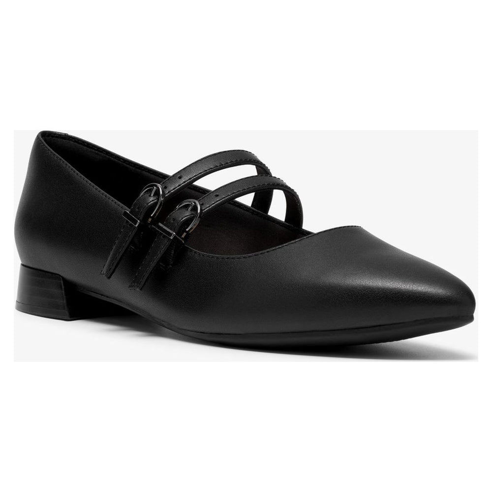 Black leather Mary Jane flat with double adjustable buckle straps, pointed toe, and low block heel. Style #26320212