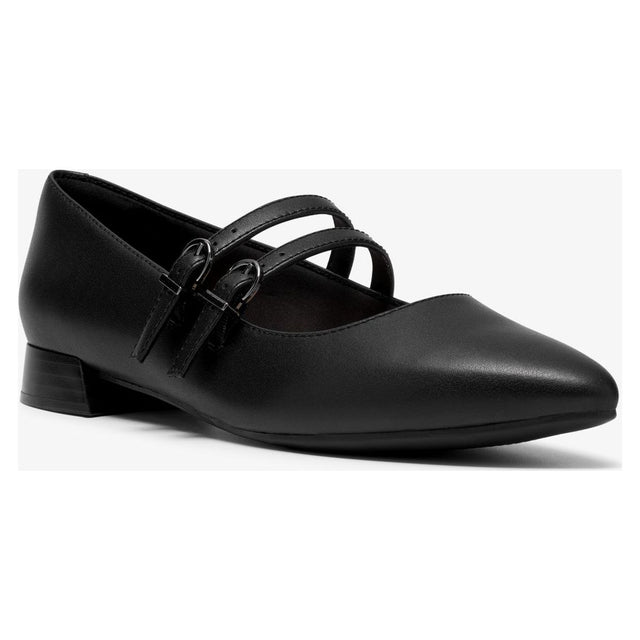 Black leather Mary Jane flat with double adjustable buckle straps, pointed toe, and low block heel. Style #26320212