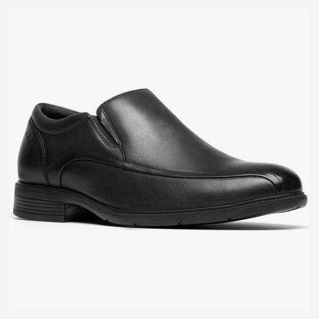 Clarks black leather slip-on dress shoe with stretch elastic side gores and a low block heel. Style #26184684