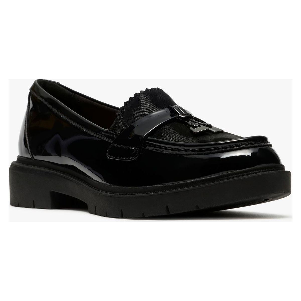 Black patent leather lug-sole loafer featuring fringe tassel details and penny strap over the vamp. Style #26328244