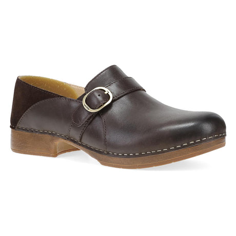 Chocolate brown leather Dansko clog with a buckle accent and wood-like sole, 1070023060