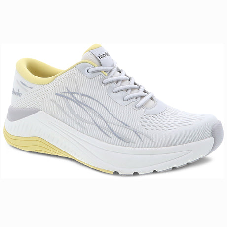 Dansko Pace Women's Mesh Sneaker in White/Yellow, designed for comfort, movement, and sustainability. Style #4205011717