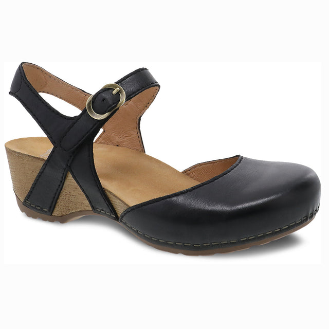 Dansko Tiffani Black Milled Burnished Mary Jane Women's Sandal, Leather upper, comfortable buckle closure
