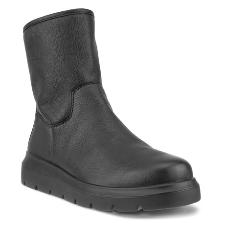 Women’s mid-cut black grained leather waterproof boot with a thick lugged sole and side zipper. Style #2162431001