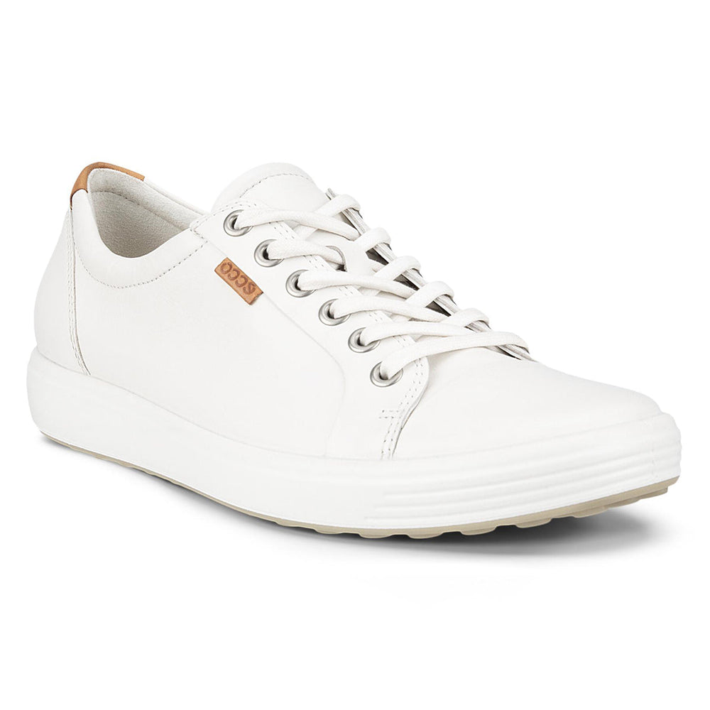 ECCO Soft 7 women’s sneaker in white leather with long laces, low-top design, cushioned insole, and textured rubber sole for a clean, modern look.

Style #43000309