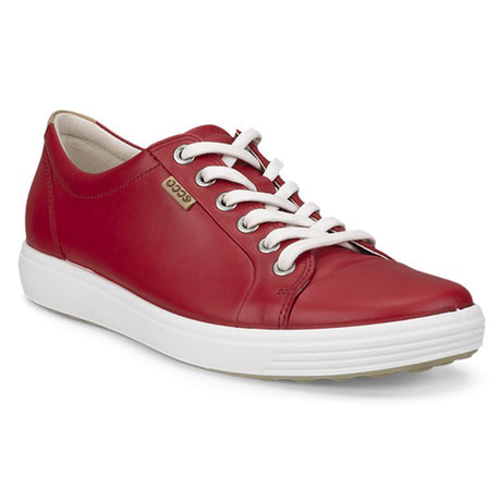 ECCO Soft 7 women’s sneaker in chili red leather with long tonal laces, sleek low-top profile, and a durable dimpled outsole for bold everyday wear.

Style #43000310