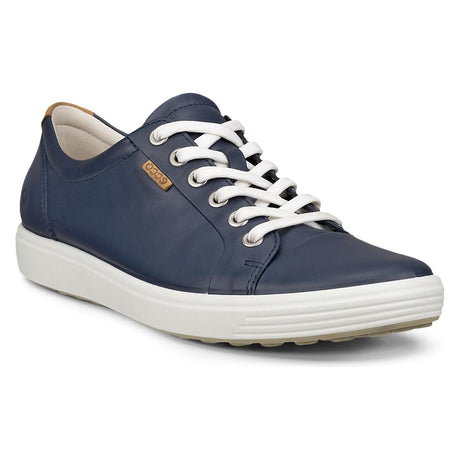 ECCO Soft 7 women’s sneaker in marine blue leather with long tonal laces, low-top design, and lightweight dimpled outsole for flexible, everyday style.

Style #43000323