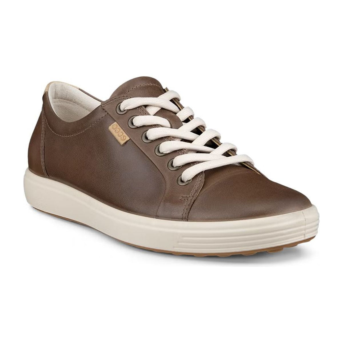 ECCO Soft 7 women’s sneaker in taupe leather with tonal laces, low-top profile, and flexible textured outsole for subtle everyday sophistication.

Style #43000327