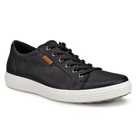 ECCO Soft 7 men’s sneaker in black leather with low-top silhouette, tonal laces, and a textured black outsole for a clean, modern look.

Style #43000401