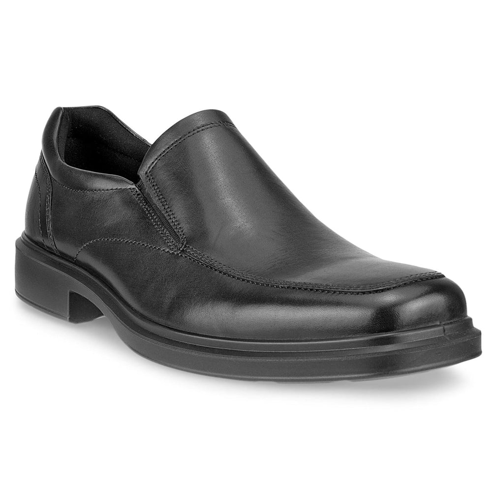 A sleek black men’s leather slip-on dress shoe with a rounded toe, subtle stitching, and a slightly cushioned sole, designed for versatile comfort and smart styling. Style #50015401