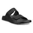 ECCO Cozmo men's leather two-strap slide sandal in natural leather with adjustable straps and cushioned suede footbed for ergonomic comfort. Style #50090401