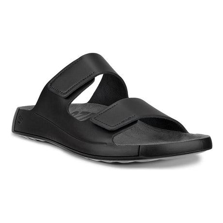 ECCO Cozmo men's leather two-strap slide sandal in natural leather with adjustable straps and cushioned suede footbed for ergonomic comfort. Style #50090401