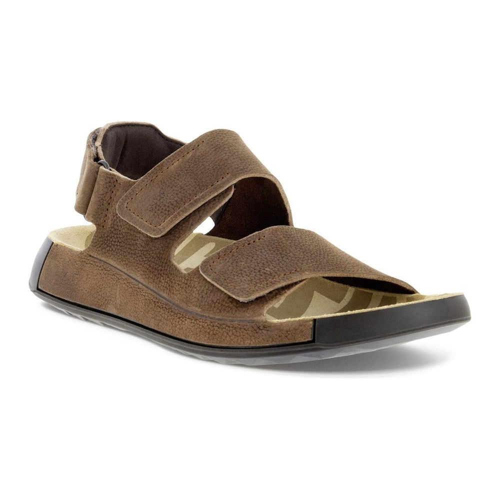 Men’s brown leather slide sandal featuring two wide adjustable straps and a cushioned heel strap, with a sleek contoured suede footbed and a flexible, textured rubber sole.