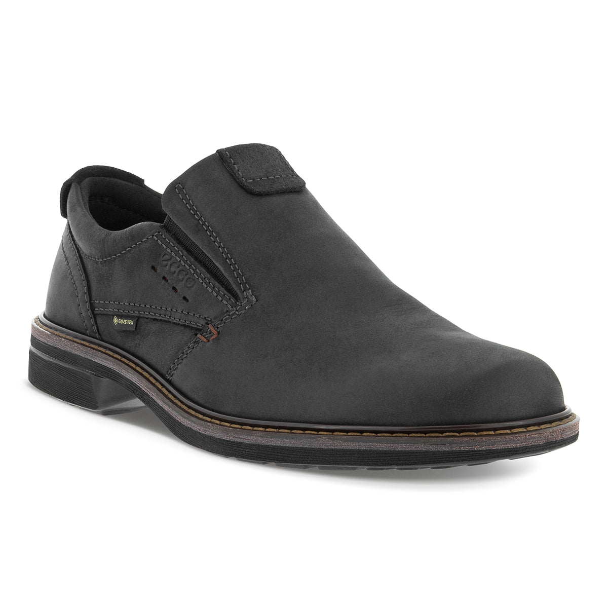 Men’s dark brown nubuck waterproof slip-on shoe with low heel, stitched leather welt, and smooth rounded toe for a sleek, smart-casual appearance.

Style #51018401