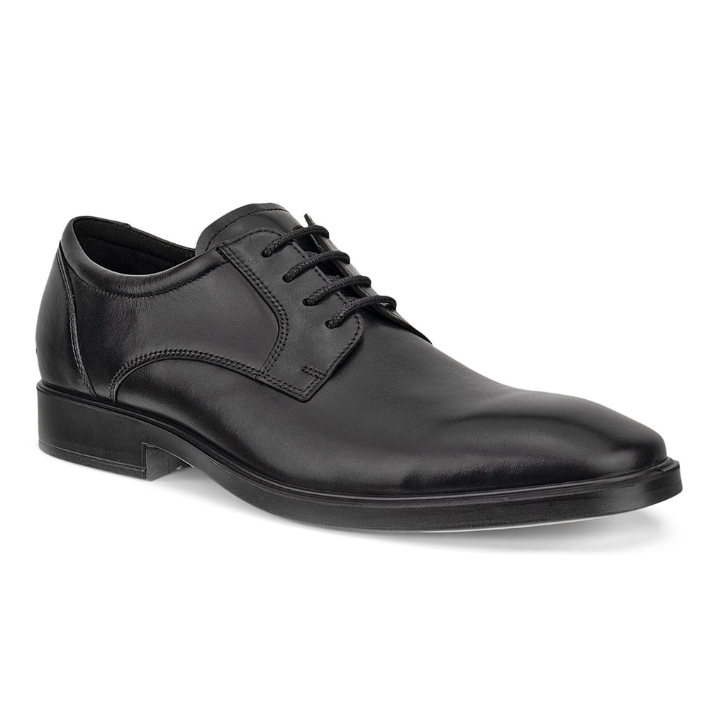 Men’s dark leather derby shoe with almond toe, low heel, and clean stitched details for a versatile and polished everyday look. Style #52331401