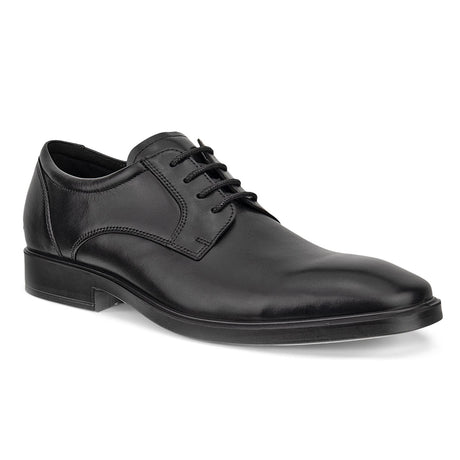 Men’s dark leather derby shoe with almond toe, low heel, and clean stitched details for a versatile and polished everyday look. Style #52331401